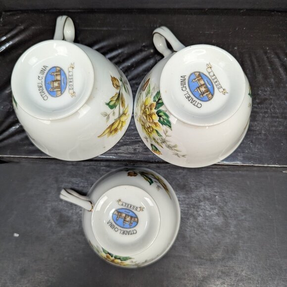 Citadel China Dorset Porcelain Floral Yellow Rose Pattern Footed Teacup Set of 3 - Picture 9 of 10